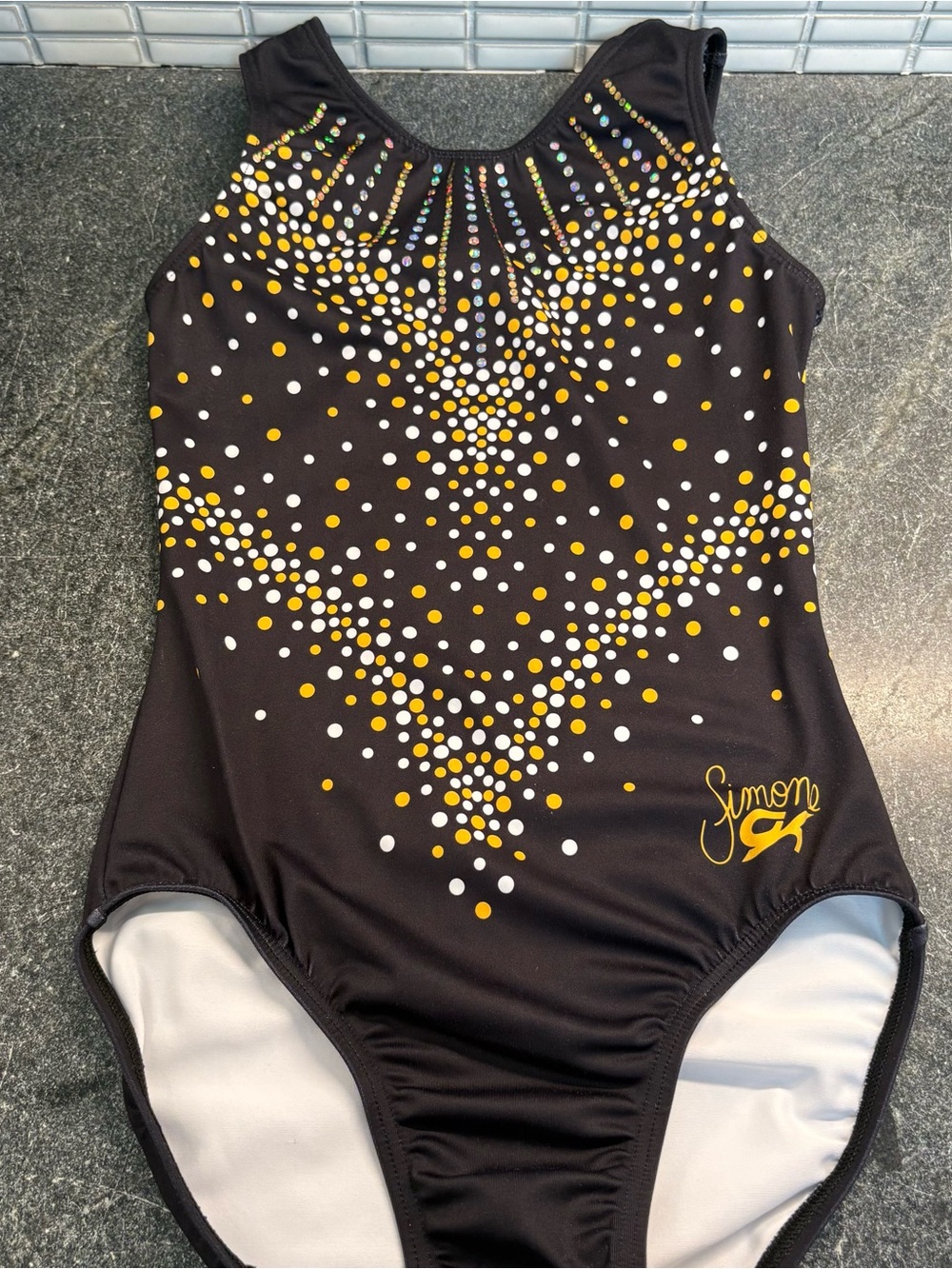 GK Simone Black and Gold Leotard with Dot Burst